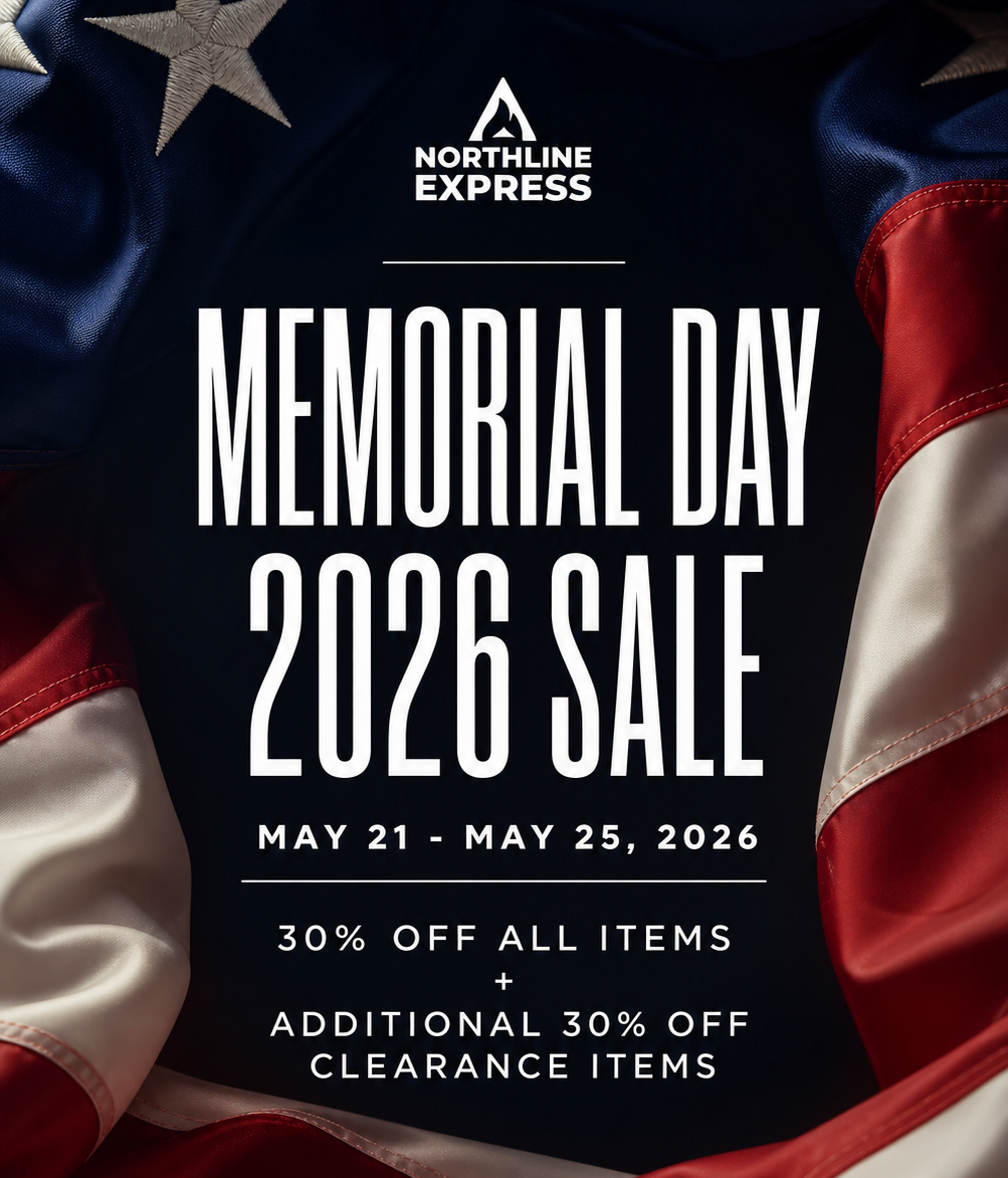 Memorial Day 2026 sale advertisement with American flag design and Northline Express branding.