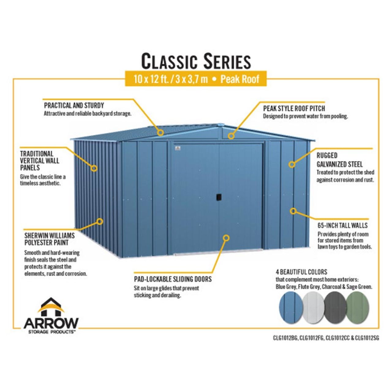 Arrow Classic Steel Storage Shed  10' x 12' - Flute Gray