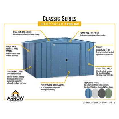 Arrow Classic Steel Storage Shed  10' x 12' - Flute Gray