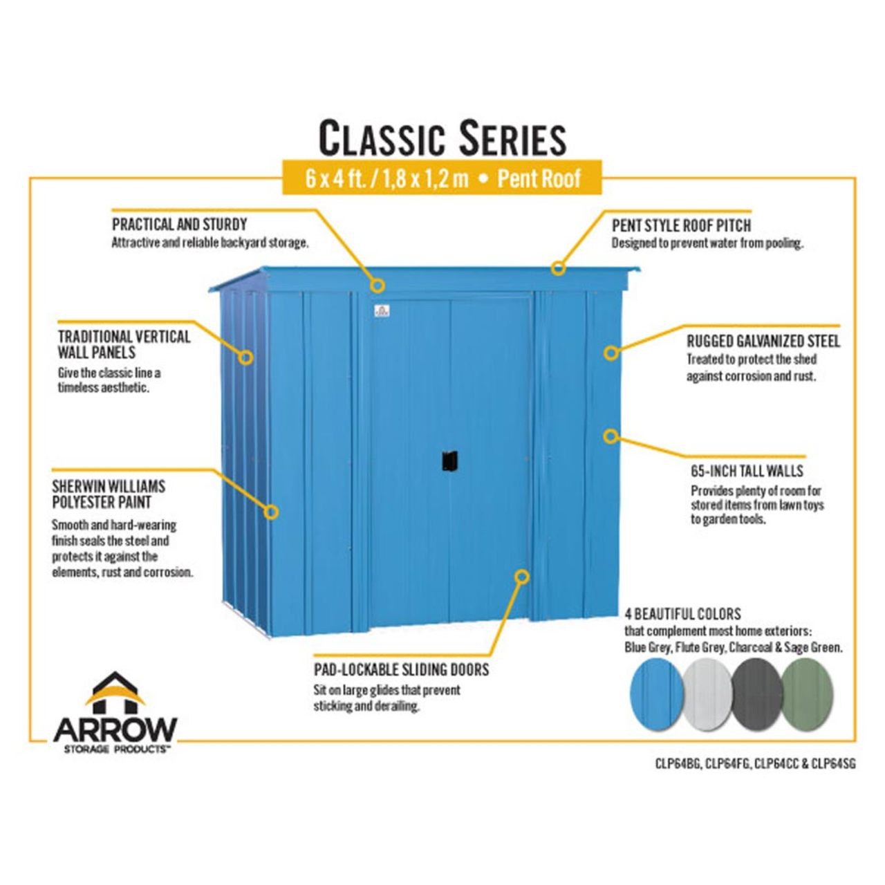 Arrow Classic Steel Storage Shed 6' x 4' -  Charcoal