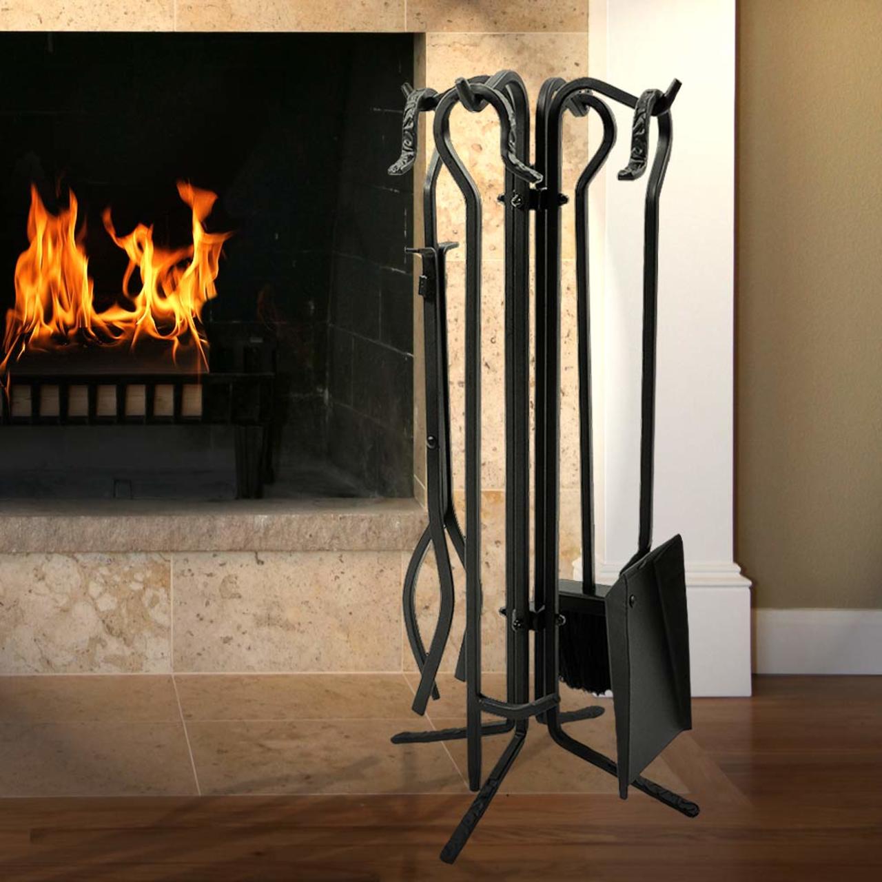 5 Piece Black Wrought Iron Tool Set with Crook Handles - F-T18070BK