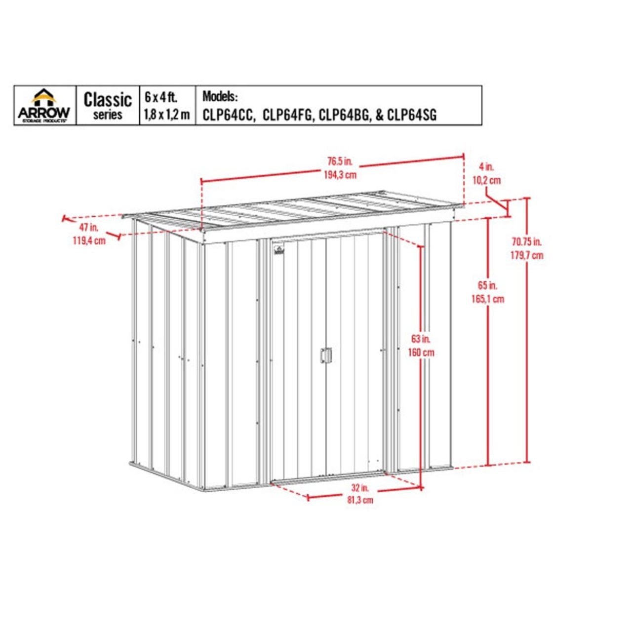 Arrow Classic Steel Storage Shed 6' x 4' -  Charcoal