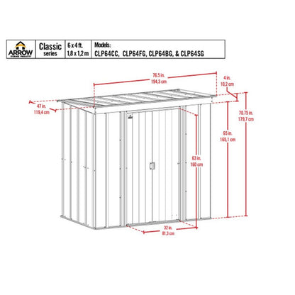 Arrow Classic Steel Storage Shed 6' x 4' -  Charcoal