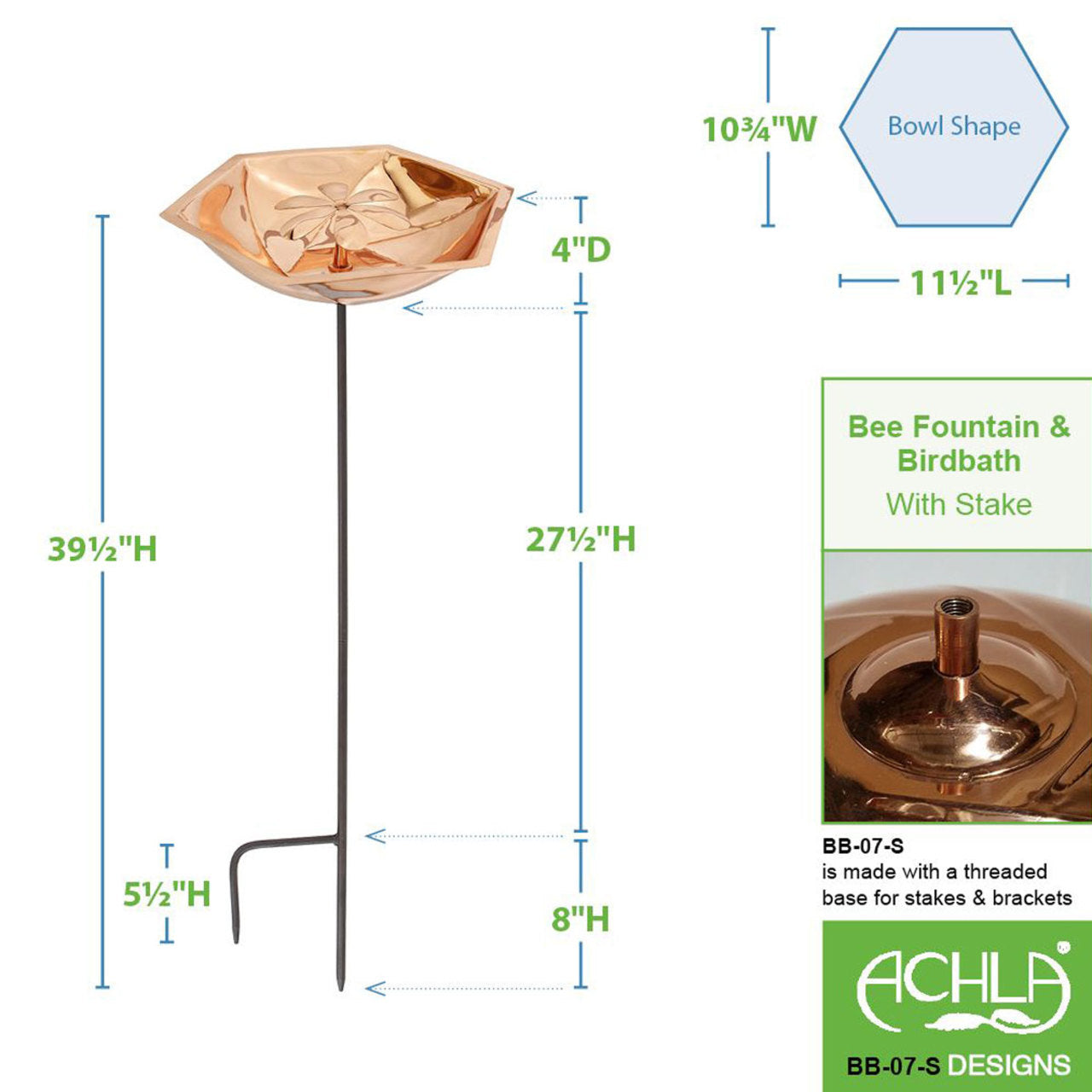 11.5" Copper Bee Fountain & Birdbath with Stake