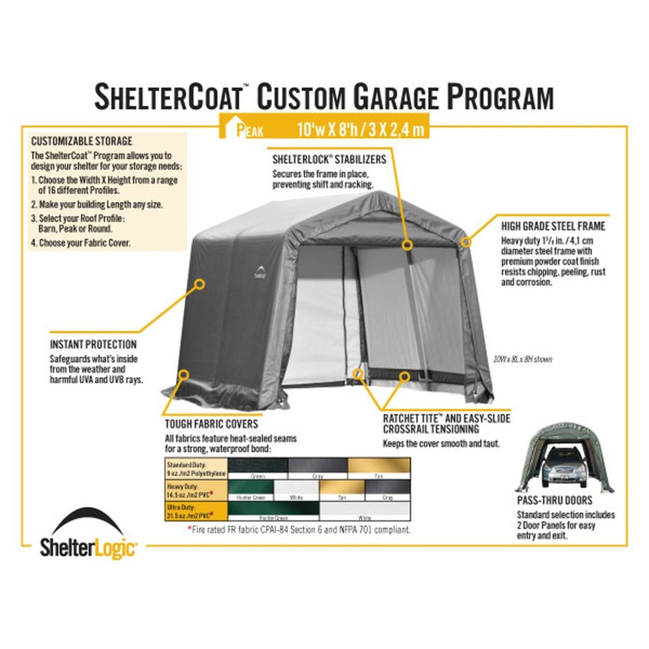 ShelterCoat 10' x  12' Garage With Peak Roof - Gray