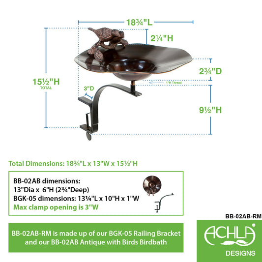 Antiqued Bird Bath with Birds  with Rail Mount Bracket
