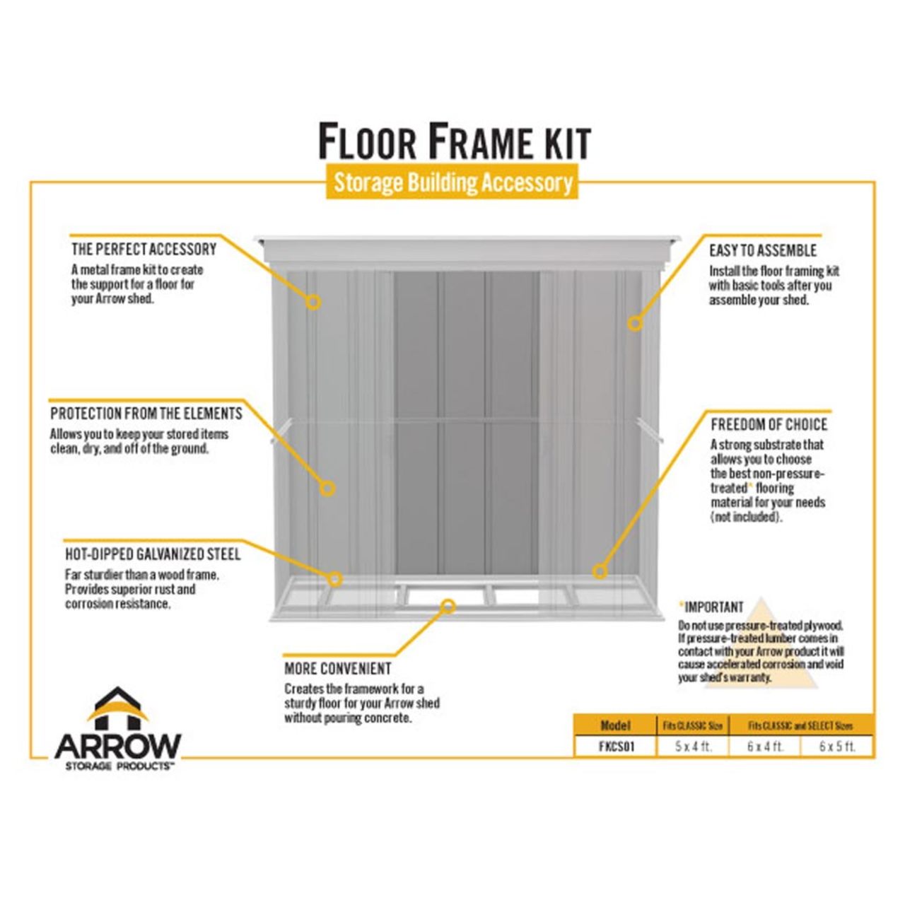 Floor Frame Kit for Arrow Classic and Select Sheds: 5' x 4' - 6' x 4' - 6' x 5' - Steel