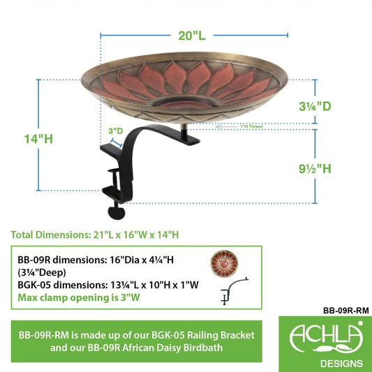 Red African Daisy Birdbath with Rail Mount Bracket