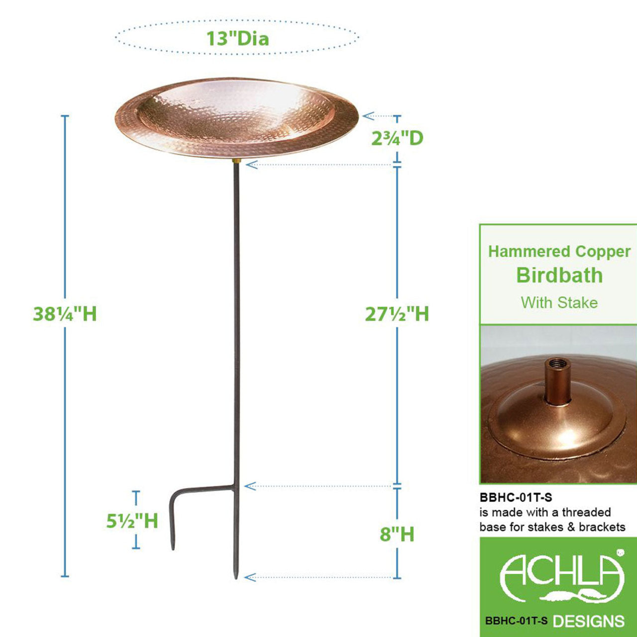 13" Hammered Copper Birdbath Bowl with Stake