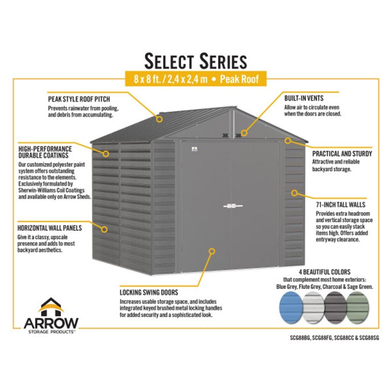 Arrow Select 8' x 8' Steel Storage Shed - Flute Gray