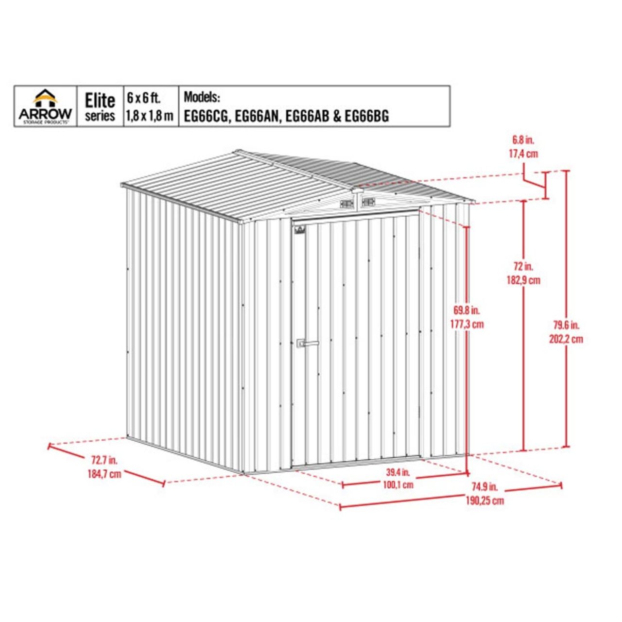 Arrow Elite 6' x 6' Steel Storage Shed - Silver