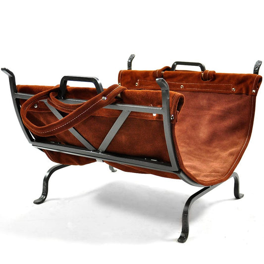 Olde World Iron Log Holder with Suede Leather Carrier