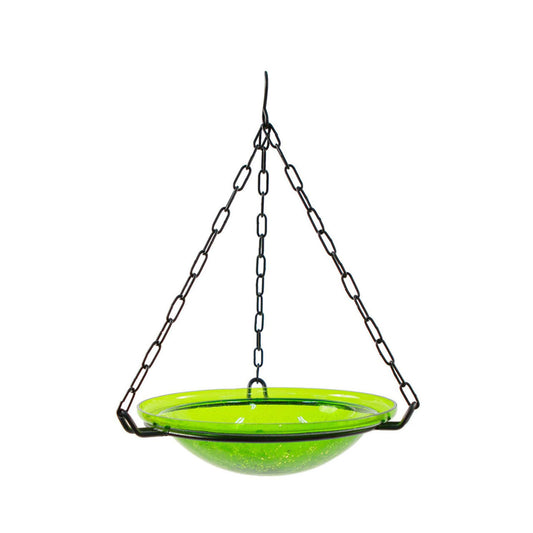Crackle Glass Hanging Birdbath- Fern Green