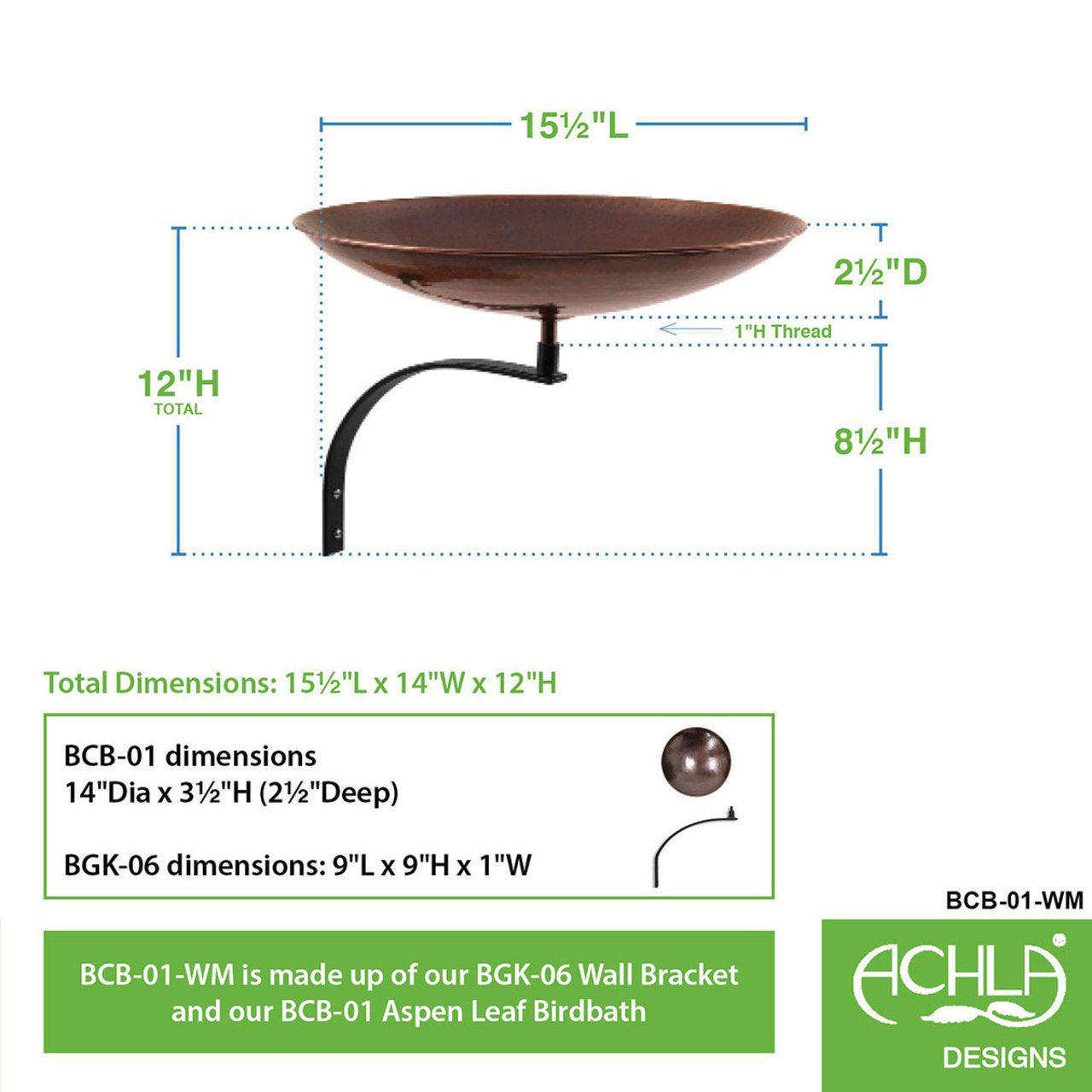 14" Burnt Copper Birdbath with Wall Mount Bracket