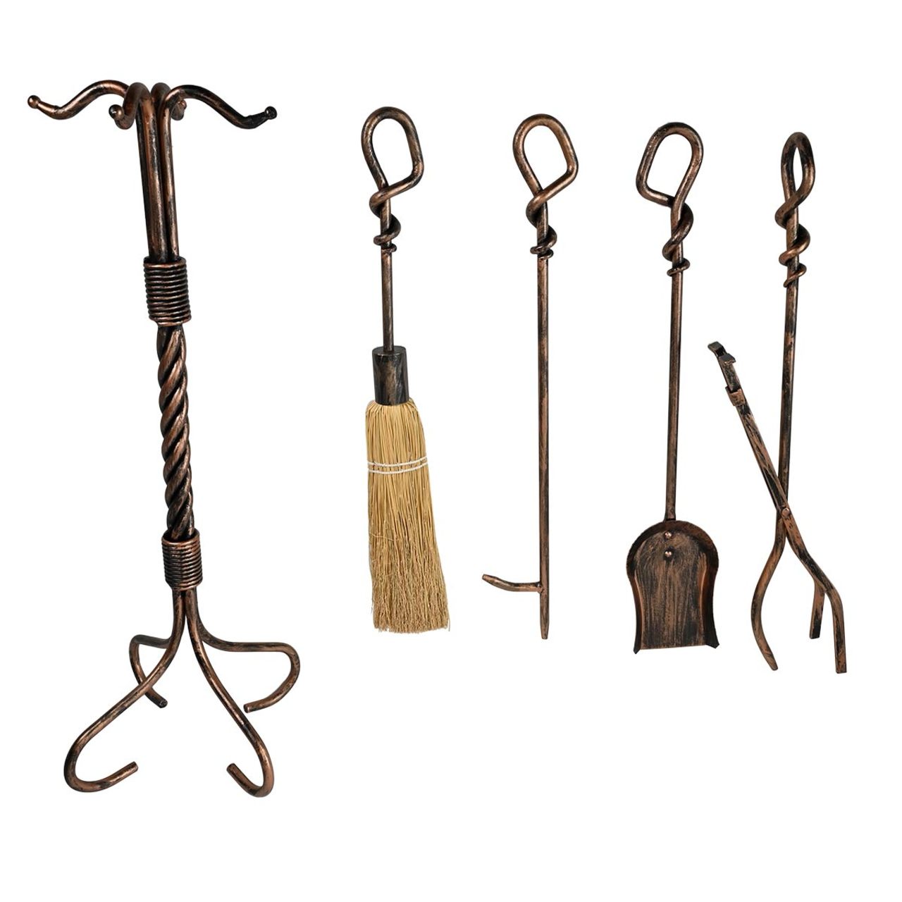 5 Piece Wrought Iron Antique Rust Fireplace Tool Set - F-1695