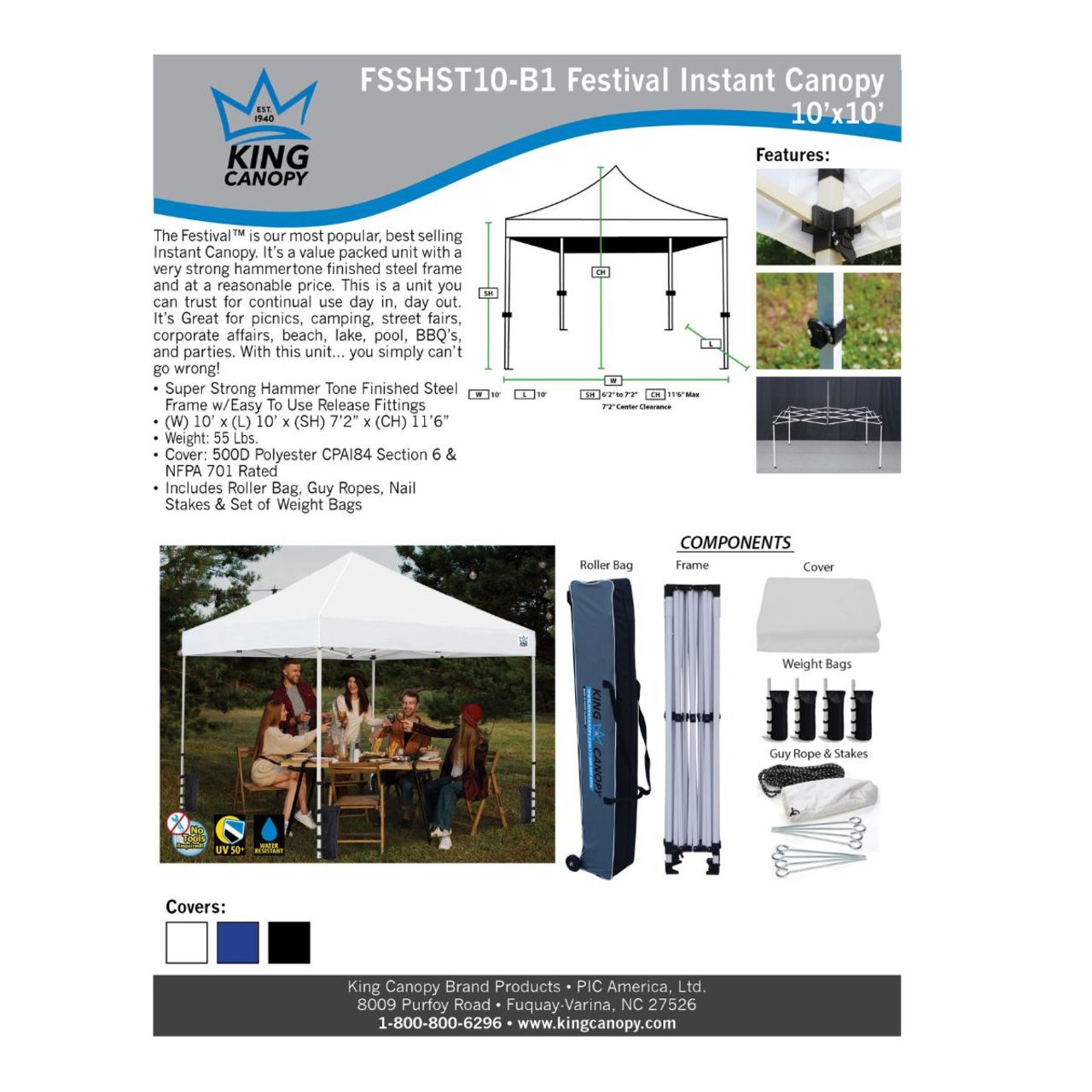 King Canopy  10' x 10' Canopy with Blue Cover - FSSHST10BL