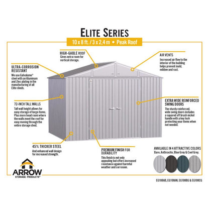 Arrow Elite 10 x 8 Steel Storage Shed - Silver