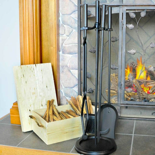 5 Piece Black Wrought Iron Fireplace Tool Set - F-1070