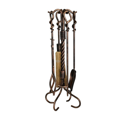 5 Piece Wrought Iron Antique Rust Fireplace Tool Set - F-1695