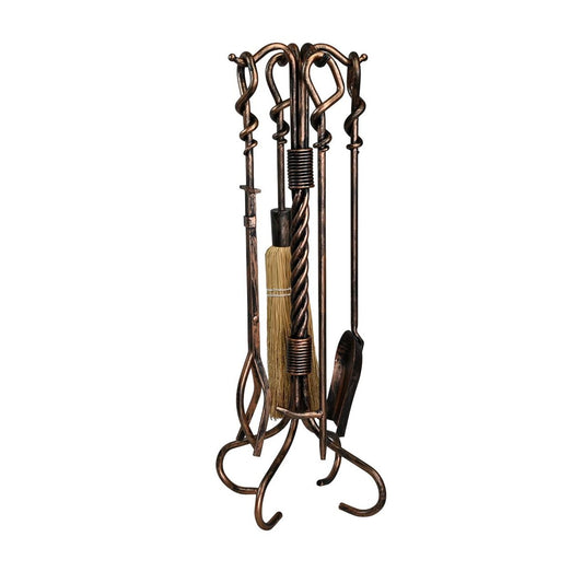 5 Piece Wrought Iron Antique Rust Fireplace Tool Set - F-1695