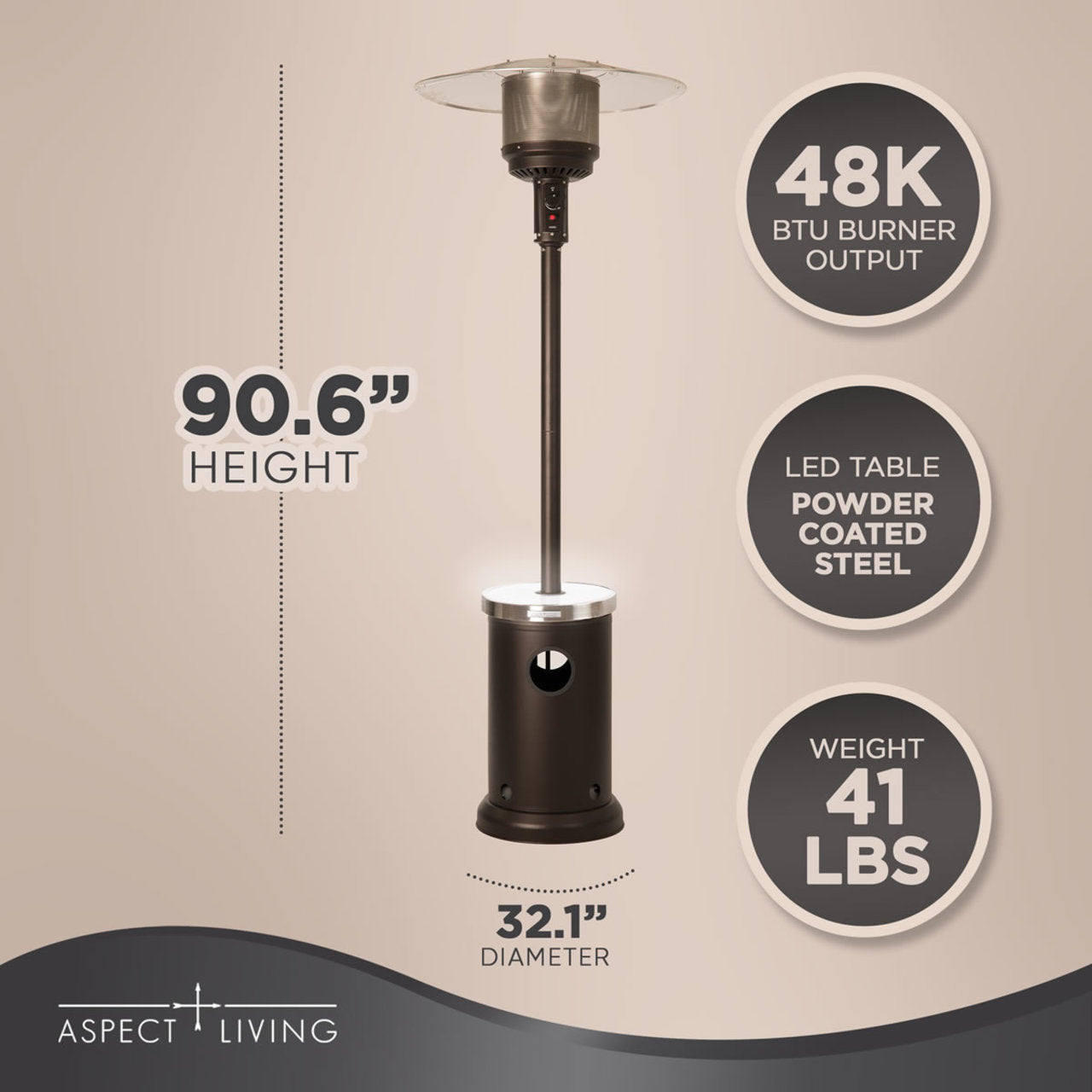 Fire Sense Mocha Finish Patio Heater with LED Table - 65263