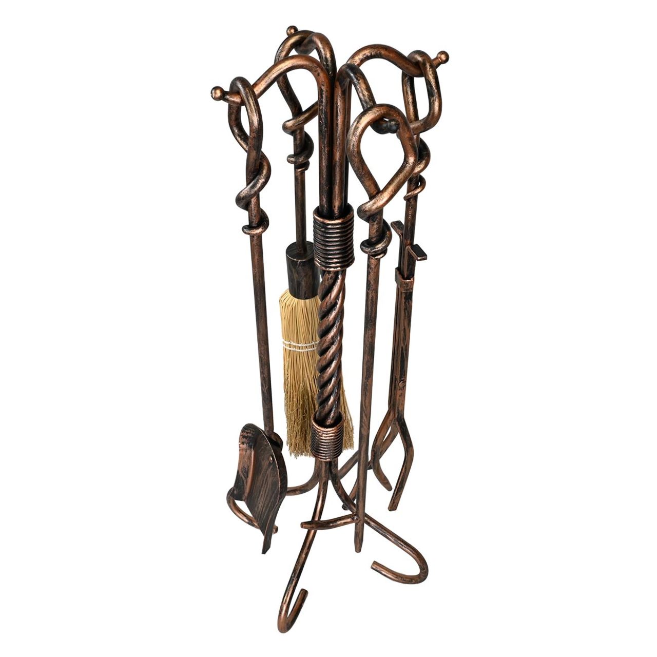 5 Piece Wrought Iron Antique Rust Fireplace Tool Set - F-1695