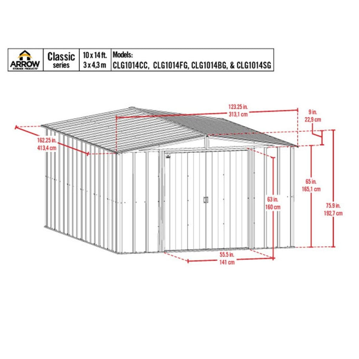 Arrow Classic Steel Storage Shed  10' x 14' -  Flute Gray