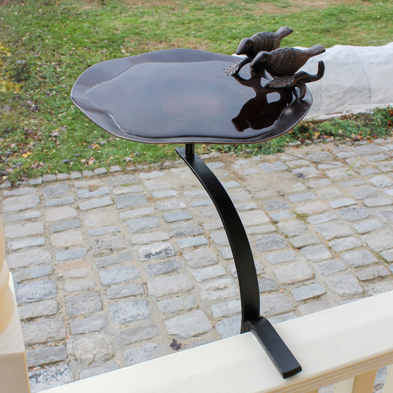 Antiqued Bird Bath with Birds  with Rail Mount Bracket
