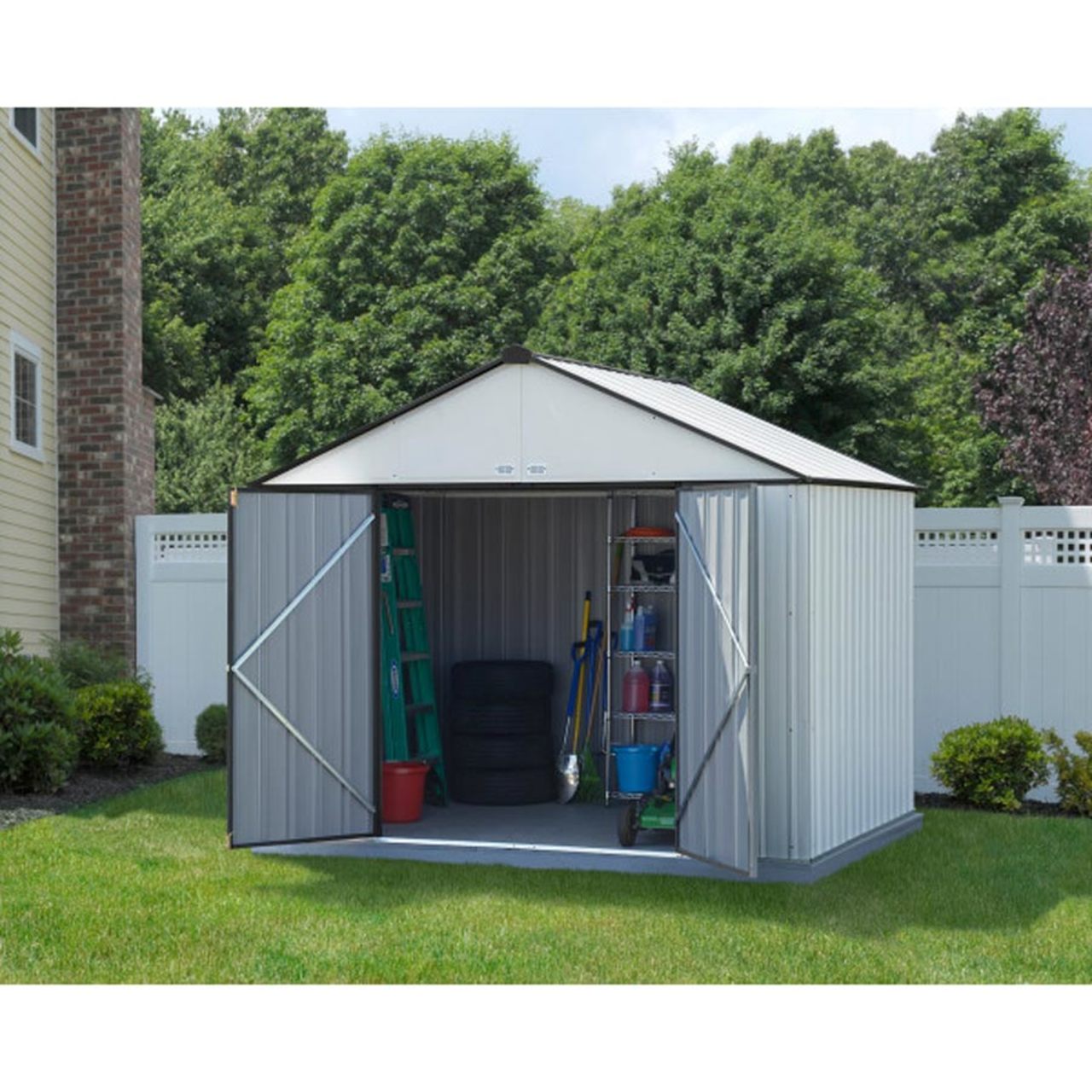 EZEE Extra High Gable - Galvanized Steel 10' x 8' Storage Shed - Cream/Charcoal
