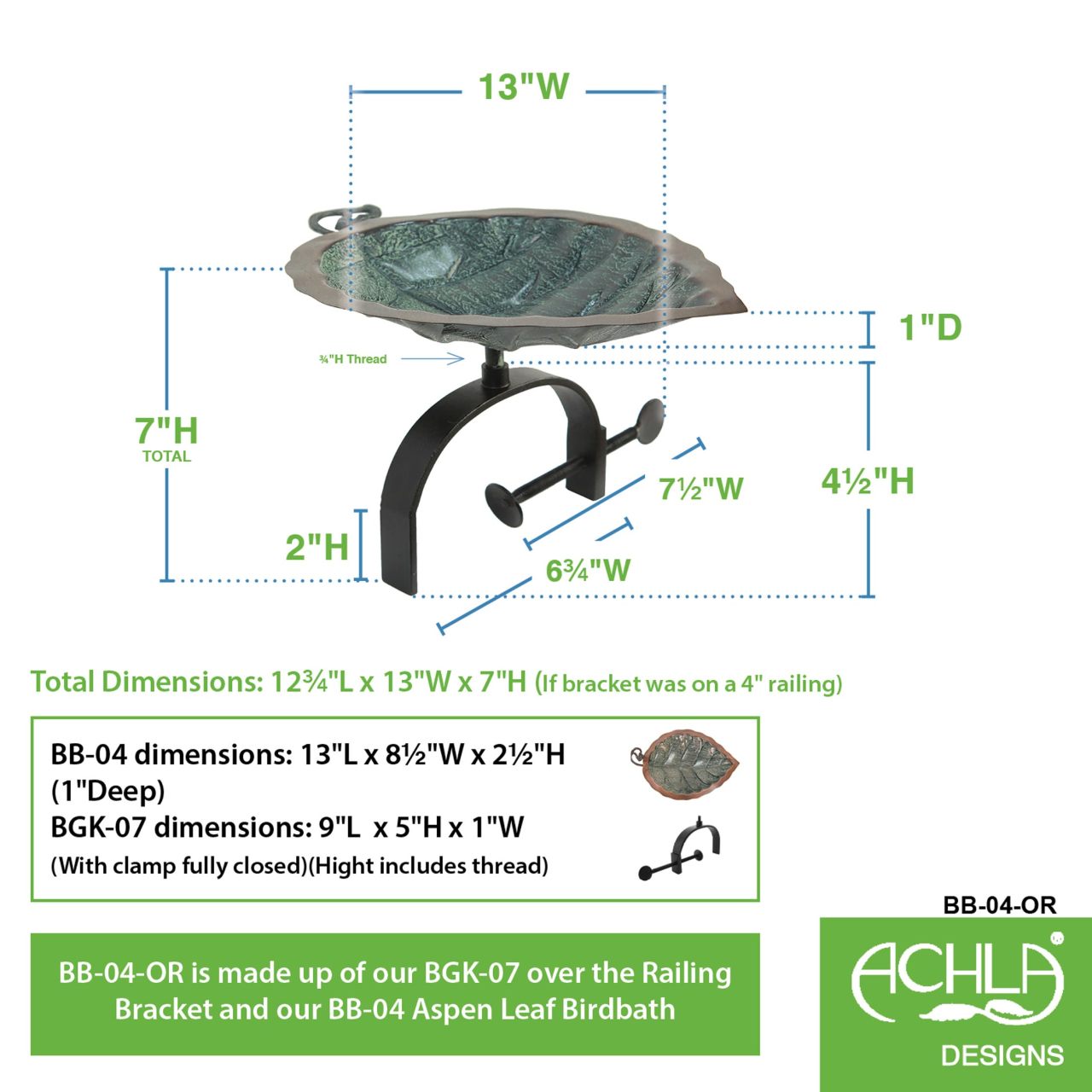 13" Aspen Leaf Birdbath in Brass and Verdi Patina with Over Rail Bracket