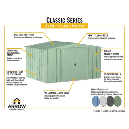 Arrow Classic Steel Storage Shed  10 x 8 Charcoal