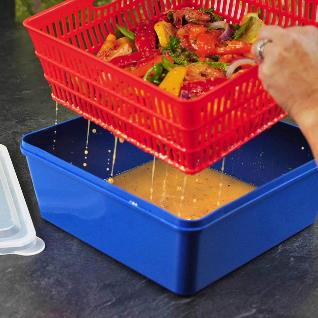 Red Marinade Tray & Strainer