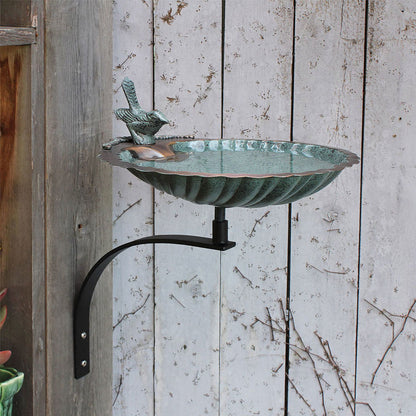 11" Scallop Shell Patina Birdbath with Wall Mount Bracket