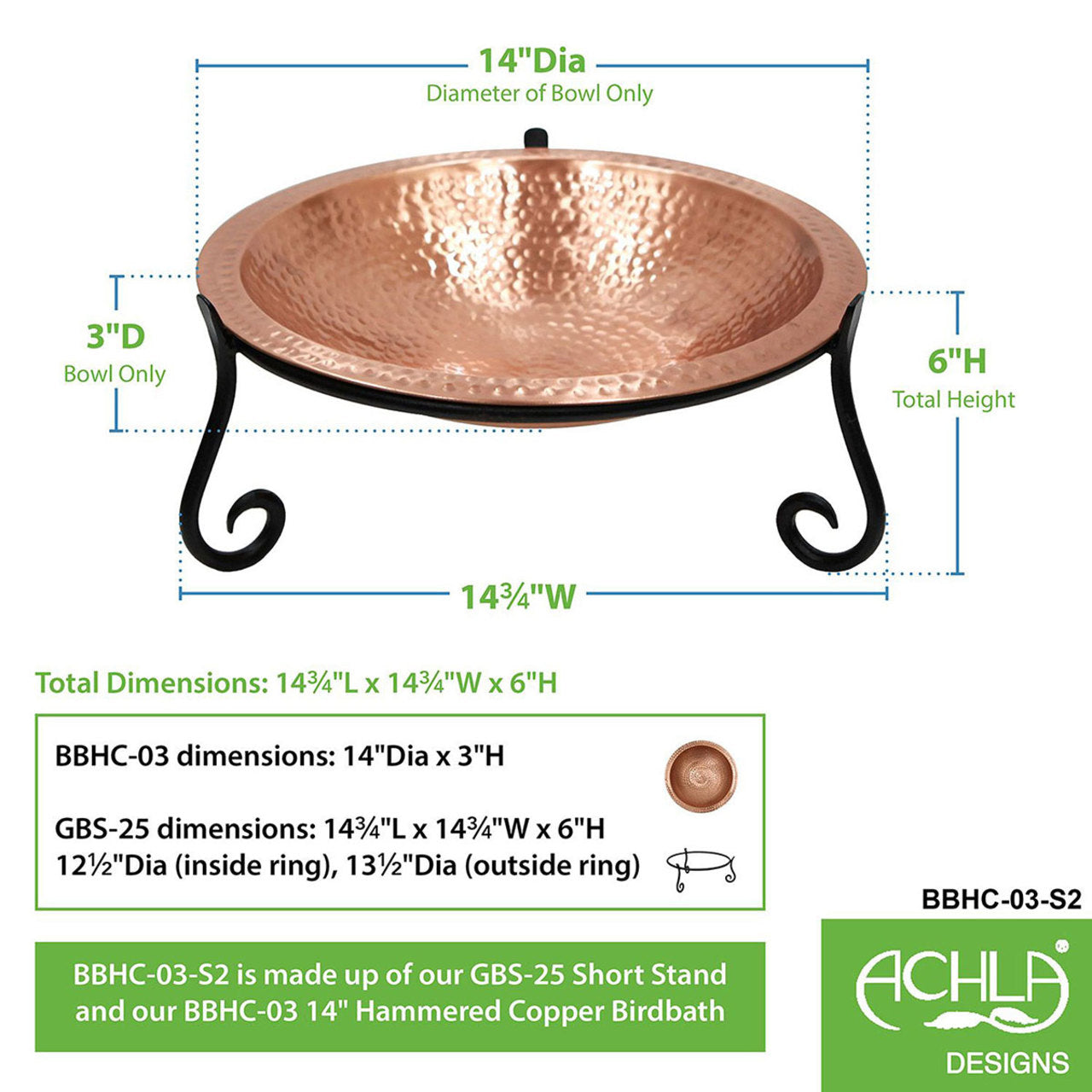 Solid Hammered Copper Birdbath with Short Stand