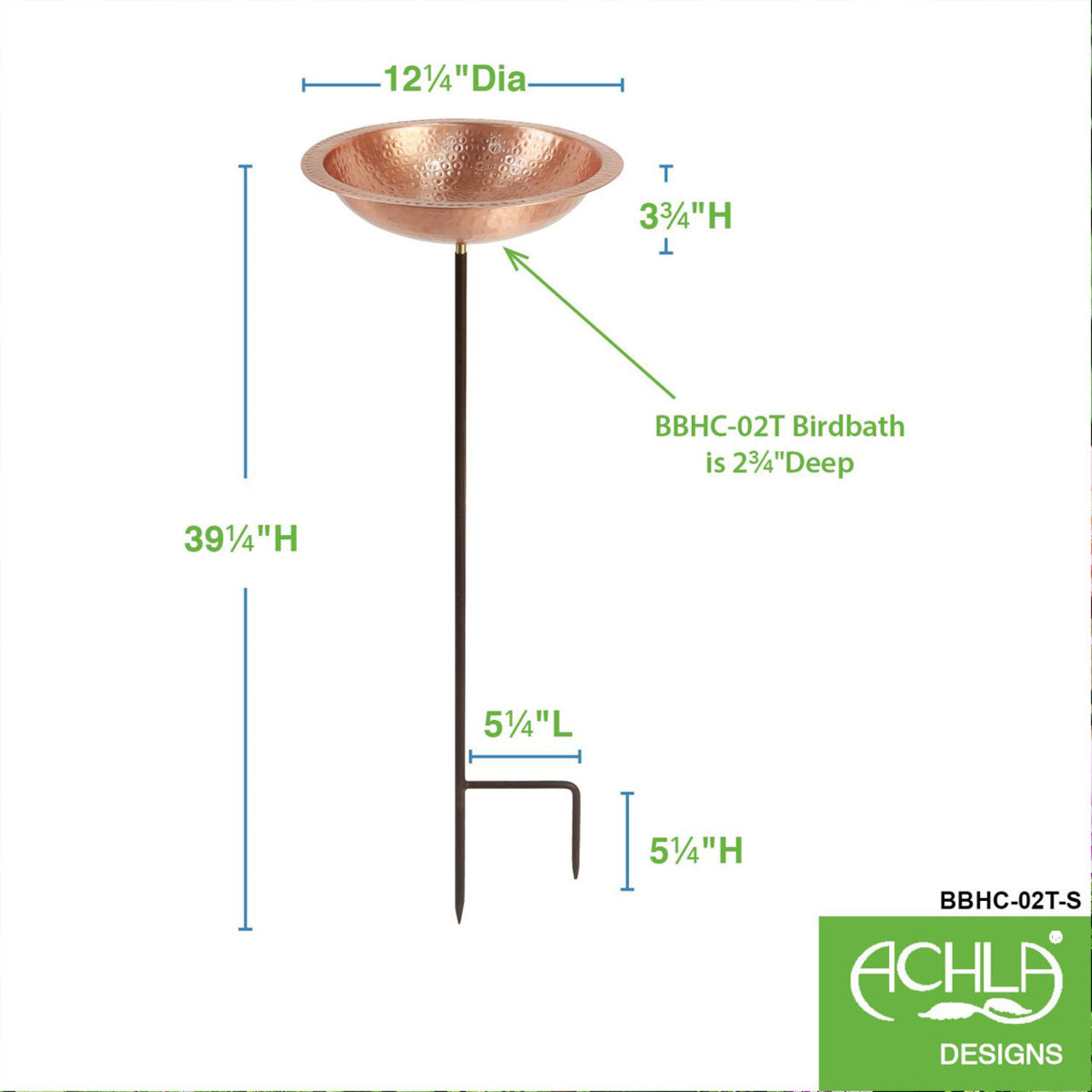 13" Hammered Solid Copper Staked Birdbath