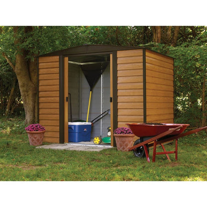 Woodridge 8' x 6' Steel Storage Shed in Coffee and Woodgrain