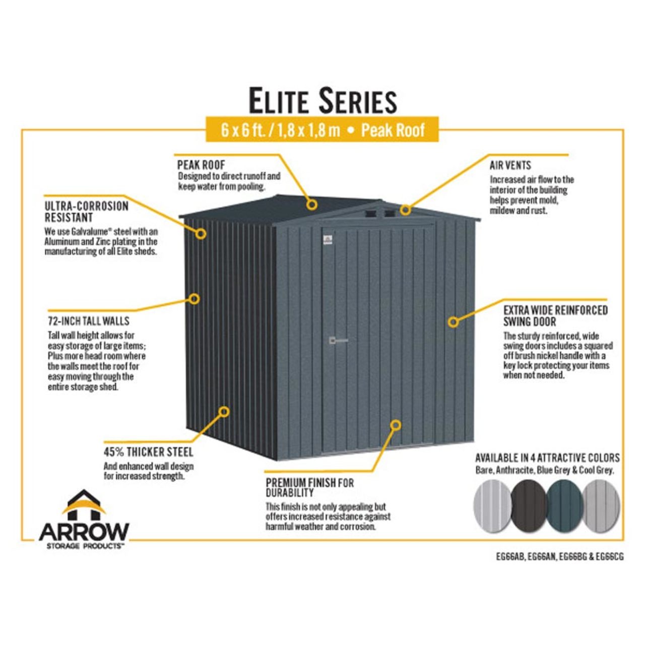 Arrow Elite 6' x 6' Steel Storage Shed - Silver