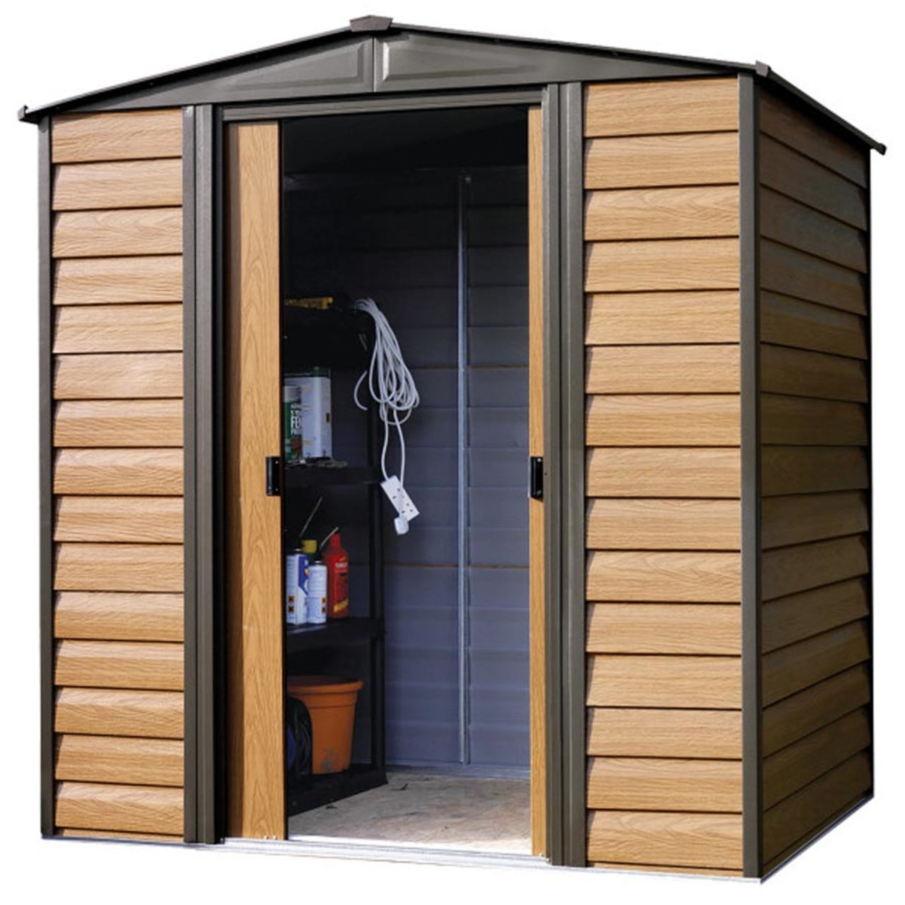 Woodridge 6' x 5' Steel Storage Shed in Coffee and Woodgrain