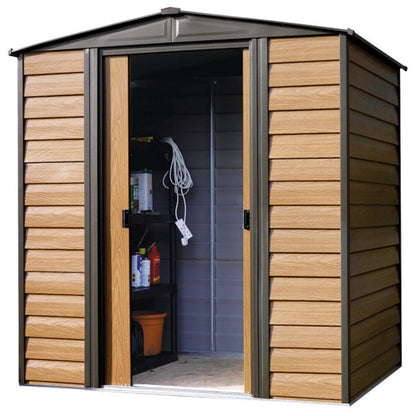 Woodridge 6' x 5' Steel Storage Shed in Coffee and Woodgrain