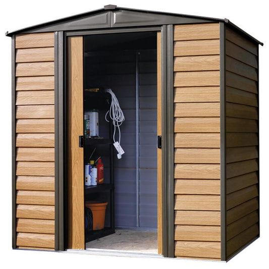 Woodridge 6' x 5' Steel Storage Shed in Coffee and Woodgrain