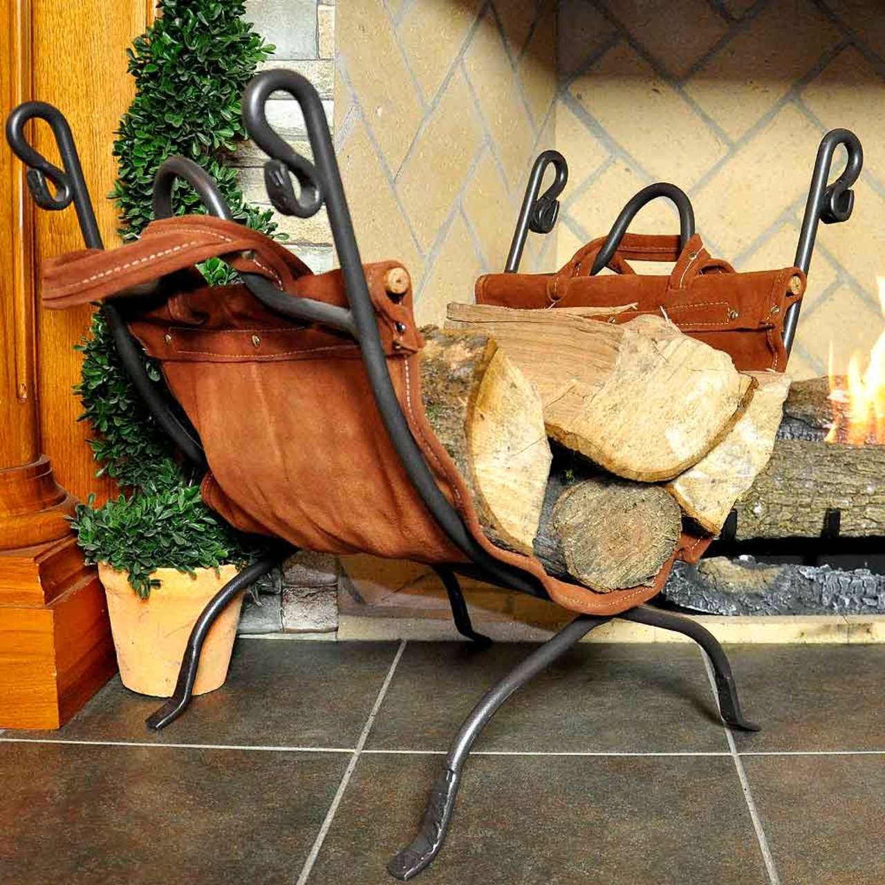 Olde World Iron Log Rack with Leather Firewood Carrier