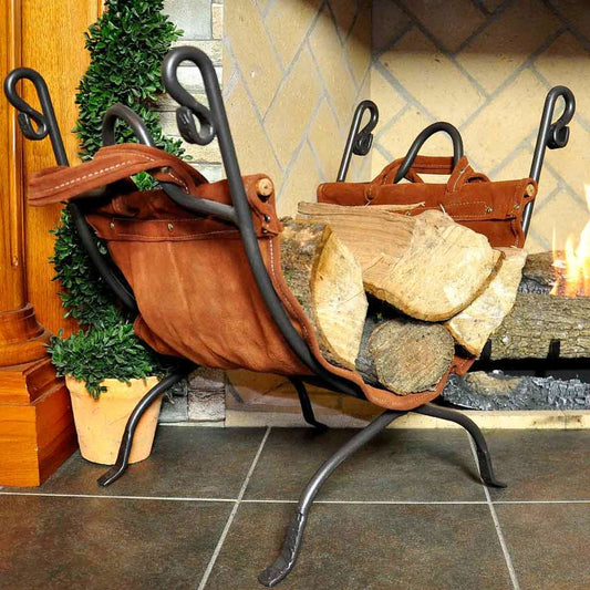 Olde World Iron Log Rack with Leather Firewood Carrier