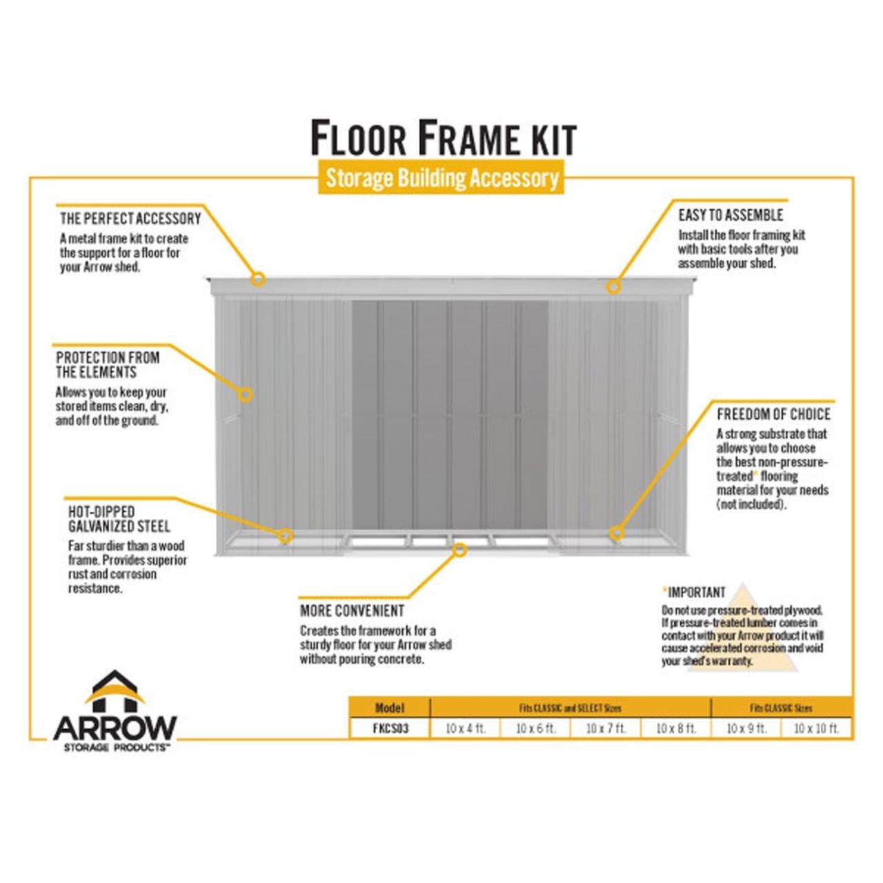 Floor Frame Kit for Arrow Classic and Select Sheds: 10' x 4' to 10' x 10'- Steel