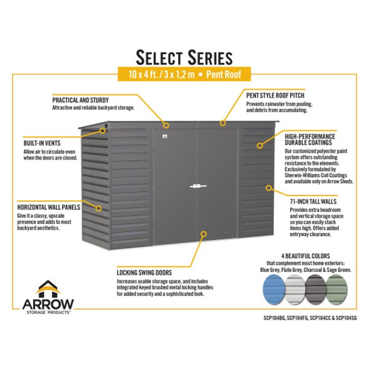 Arrow Select 10' x 4' Steel Storage Shed -  Charcoal