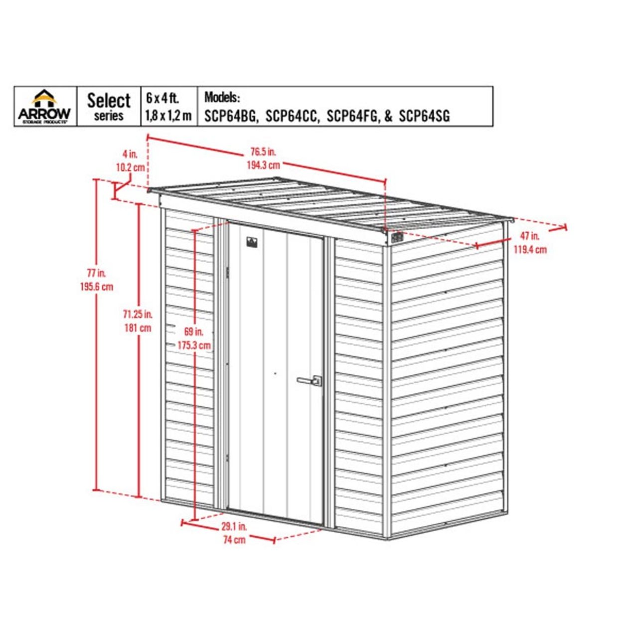 Arrow Select 6' x 4' Steel Storage Shed  -  Charcoal