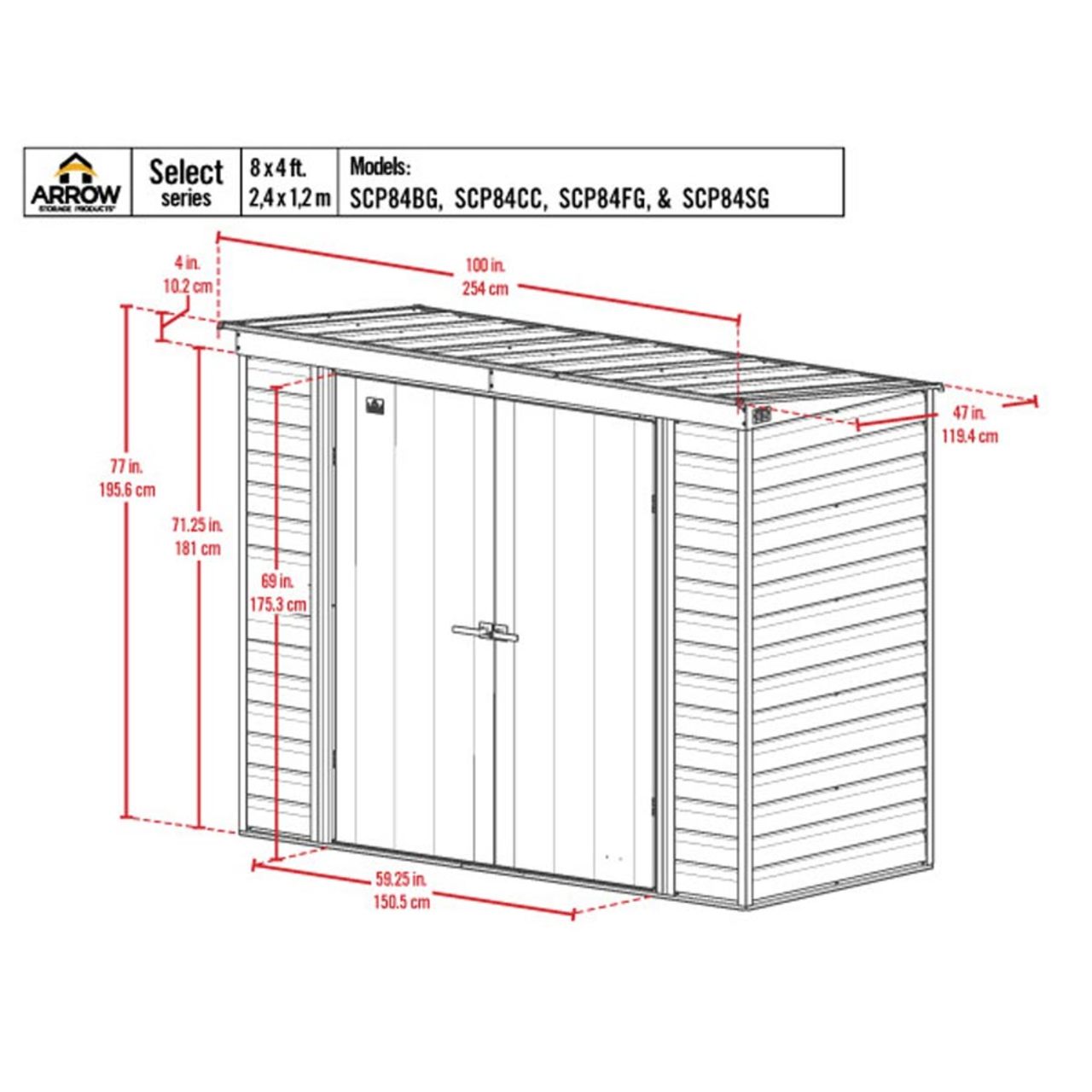 Arrow Select 8' x 4' Steel Storage Shed  -  Charcoal