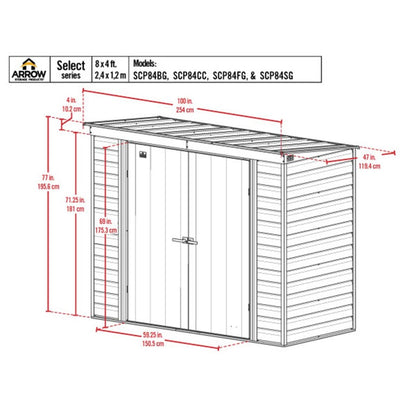 Arrow Select 8' x 4' Steel Storage Shed  -  Charcoal