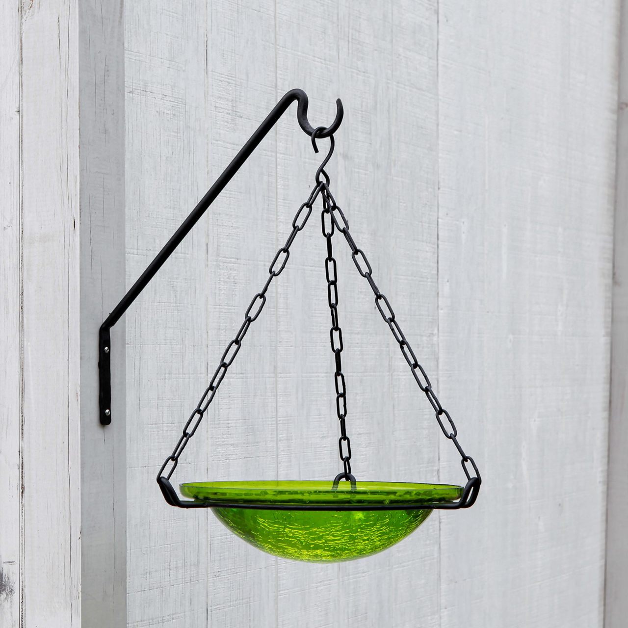 Crackle Glass Hanging Birdbath- Fern Green