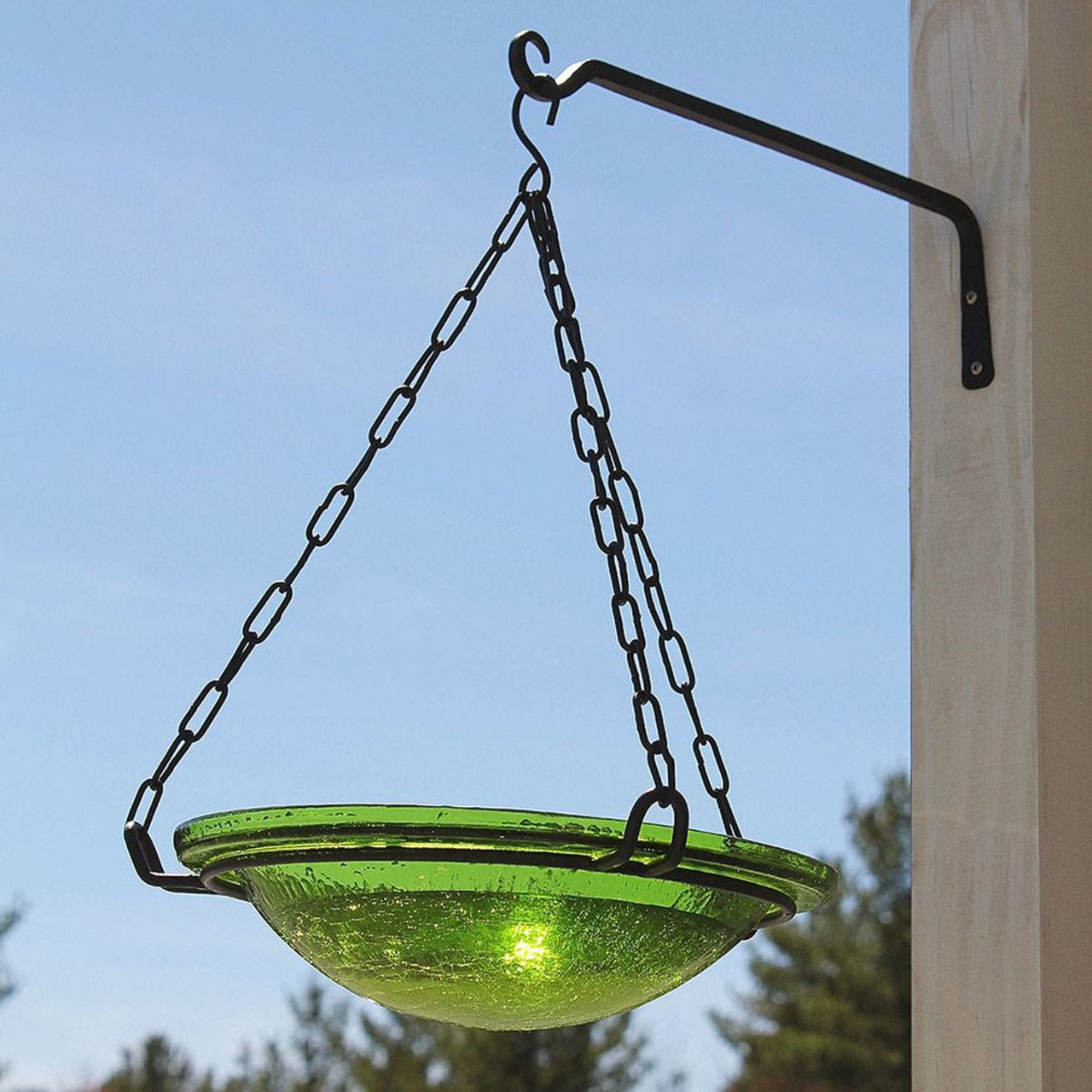 Crackle Glass Hanging Birdbath- Fern Green