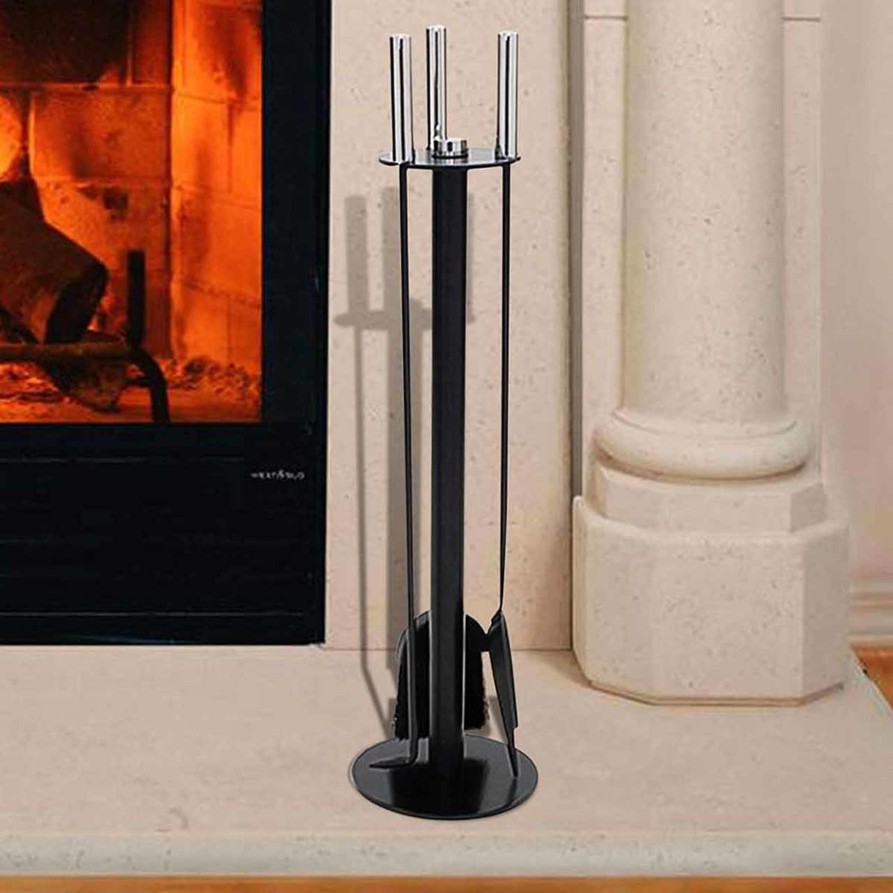 Pilgrim Black and Polished Nickel 4 Pc. Metro Fireplace Tool Set
